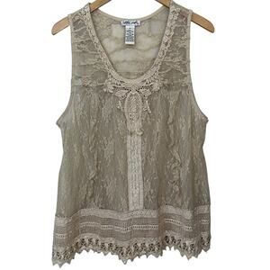 Ultra‎ Pink Womens Sleeveless Blouse 1X Crochet Lace Peasant Coquette Sheer Top